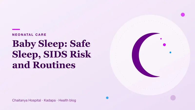 A sleeping baby on its back in a plain cot under a crescent moon, showing safe sleep practice.