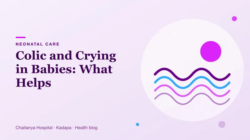 Soft purple sound waves around a small baby face, representing infant crying and calming.