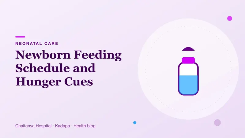 A baby bottle and a gentle clock face on a soft lilac background, showing newborn feeding times.