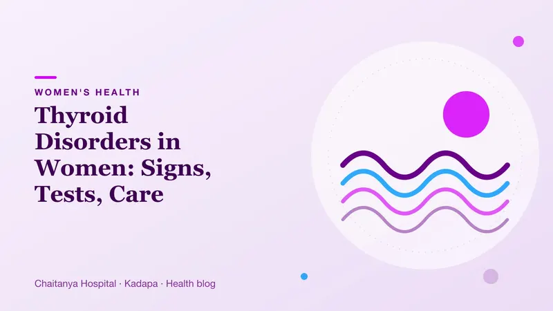 Flowing purple wave lines representing hormone balance and the thyroid gland in women.